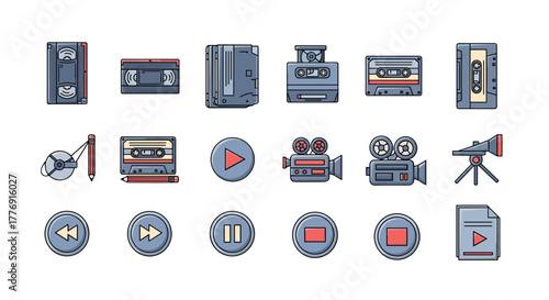 A collection of modern, flat-design outline icons representing video and audio recording technology, including VHS tapes, cassette tapes, film reels, cameras, play, pause, stop buttons, and a