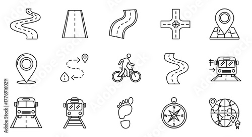 A curated collection of line art icons representing various modes of transportation and navigation, including winding roads, straight highways, crossroads, map pins, route paths, a cyclist, trains