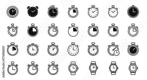 Collection of black clock, stopwatch, timer, and watch icons, presented in an ordered line on a white background, offering a versatile set of timekeeping symbols for various design applications and