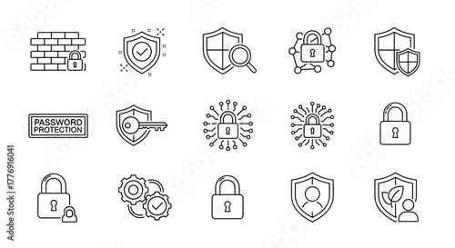 Computer security line editable icon set featuring firewall, antivirus, data encryption, password protection, cyber security, security, and two-factor authentication, representing digital safety and