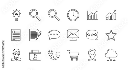 Outline sign collection, editable stroke, perfect for infographics, articles, books, flyers, banners, vector cartoon illustration with a white background. Includes icons for idea, search, clock