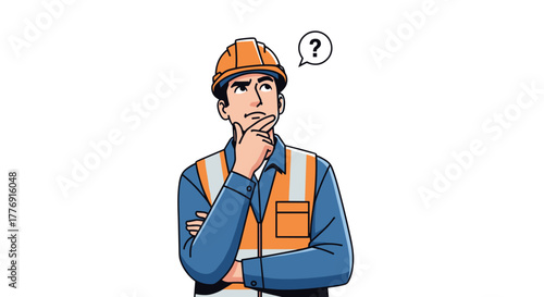 A thoughtful construction worker wearing a blue shirt, orange safety vest, and hard hat, with his hand on his chin, contemplating a question mark floating above his head, rendered in a clean vector