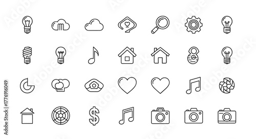 A collection of 24 minimalist line art icons, presented in a clean and organized grid on a white background, featuring diverse symbols like lightbulbs, clouds, search magnifying glass, hearts, music