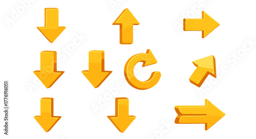 A collection of vibrant, three-dimensional yellow arrow icons isolated on a black background, featuring pointers in various directions including up, down, right, and a circular refresh symbol