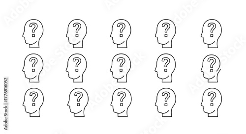 A seamless pattern of stylized human heads in profile, each containing a question mark and a small square inside, rendered in thin white lines against a stark black background, symbolizing confusion