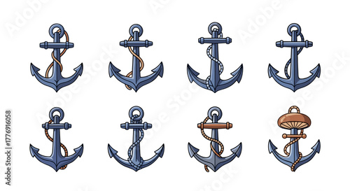 Set of eight stylized nautical anchors in a flat cartoon illustration style, featuring different rope and anchor designs, presented on a clean black background, perfect for maritime and travel-themed