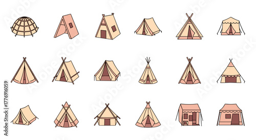 Collection of diverse tent icons in a minimalist line art style, featuring various camping shelters like tipis, domes, and traditional tents, perfect for outdoor adventure, travel, and camping themes