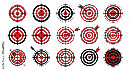 Set of 15 Red Bullseye Targets with Arrows, Vector Cartoon Illustrations, Perfect for Sports, Games, Business Goals, and Precision Concepts, Isolated on Black Background for Versatile Design Use
