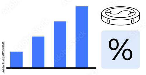 Blue bar chart in increasing order, percentage sign, and coin illustrating growth, progress, finance, data, and success. Ideal for investment, business economic analysis accounting strategy