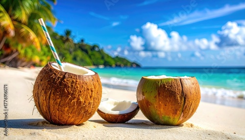 Two refreshing coconuts with straw on a sandy tropical beach with turquoise ocean water and green hills under a bright blue sky with clouds