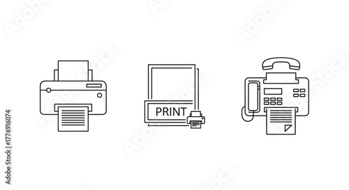 Set of three line art icons representing printing and fax technology, including a printer, a print symbol with text, and a fax machine, all rendered in a clean, white outline style on a black