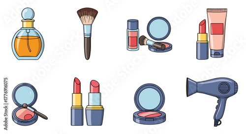 A vibrant collection of beauty icons, featuring a perfume bottle, makeup brushes, lipstick, compact powder, foundation tube, and a hairdryer, presented in a clean vector cartoon illustration style