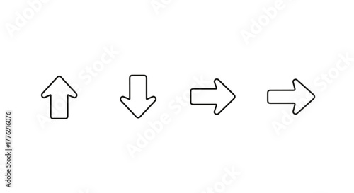 Collection of four simple outline arrows pointing up, down, right, and left, presented on a black background. These versatile vector graphics feature editable strokes, making them ideal for