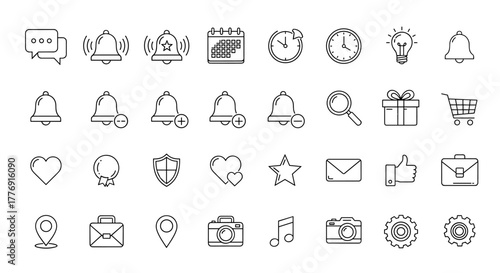 Collection of thin line icons with editable stroke, suitable for web, books, cards, and apps, featuring a bell, calendar, clock, lightbulb, gift, shopping cart, heart, shield, envelope, thumbs up