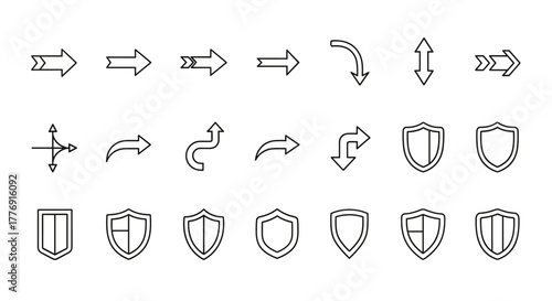 Modern outline style icon set featuring various arrows and shield symbols, perfect for design elements, cards, apps, and social networks. This vector illustration includes directional pointers