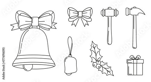 Collection of simple linear outline icons representing festive and construction elements: a large bell with a bow, a smaller hanging bell, two hammers, a sprig of holly with berries, and a gift box