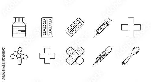 Collection of simple line icons representing medical supplies and healthcare symbols, including a medicine bottle, blister packs of pills, capsules, a syringe, a thermometer, bandages, a spoon, and