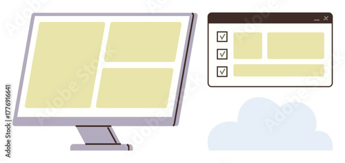 Computer screen displaying grid layout alongside checklist interface and a cloud graphic. Ideal for technology, productivity, organization, task management, cloud storage, minimal design, simple flat