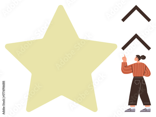 Woman in casual attire pointing at upward arrows beside a yellow star. Ideal for themes such as growth, success, aspiration, achievement, progress, motivation, and direction. A simple flat metaphor