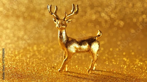Christmas Golden deer on a golden background.Gold glitter sparkles on a gold deer figurine with golden bokeh. Christmas wallpaper in gold tones.4k footage
