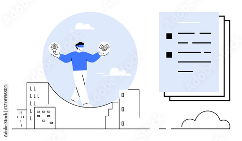 Person juggling a light bulb and handshake over abstract cityscape and documents. Ideal for creativity, collaboration, innovation, business strategy, decision-making, urban development, simple flat