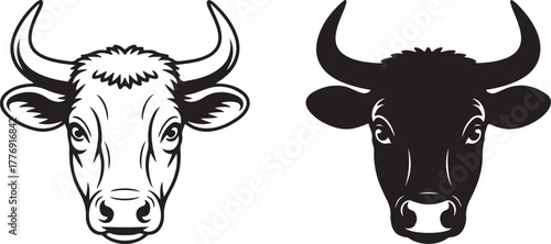 Black and white illustration of two bull heads one outlined one solid silhouette vector