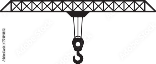 Black and white line art illustration of a heavy duty industrial crane hook and truss structure