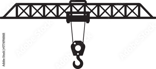 Black and white line art illustration of a heavy duty industrial overhead crane with hook