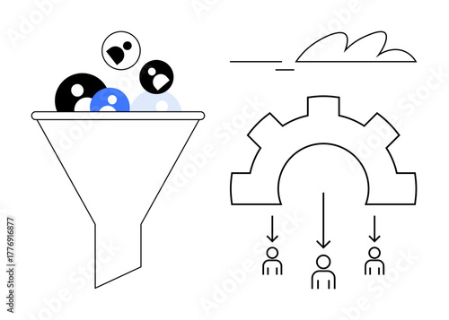 Funnel filtering diverse inputs, gear automation directing processes into team outputs. Ideal for efficiency, data management, workflow, conversion, operation, automation strategy, simple flat