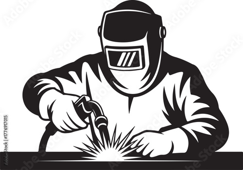 Black and white silhouette illustration of a welder wearing a protective mask and gloves working on metal