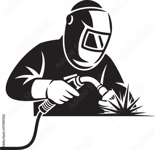 Black and white silhouette illustration of a welder with sparks welding