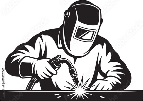 Black and white silhouette illustration of a welder working on metal with sparks welding