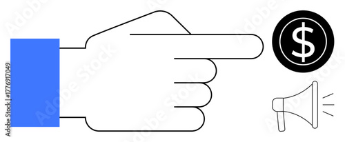 Extended hand pointing at dollar inside circle with megaphone nearby, conveying focus on financial goals and business promotion. Ideal for marketing, sales, finance, leadership, strategy