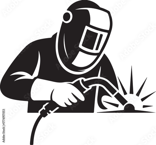Black and white silhouette illustration of a welder working with sparks welding