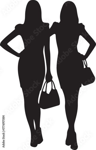 Black and white silhouette illustration of two women standing with handbags female