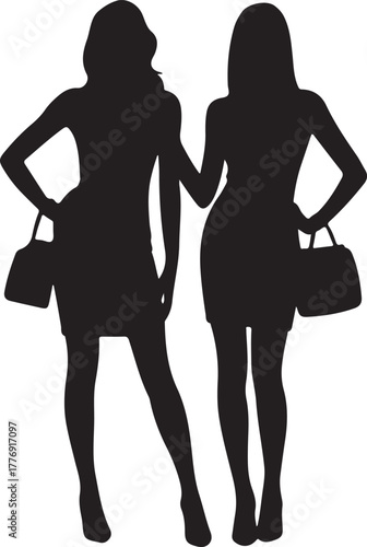 Black and white silhouette illustration of two women standing with handbags female 1