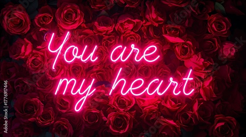 Fototapeta Naklejka Na Ścianę i Meble -  Romantic neon sign saying you are my heart surrounded by red roses