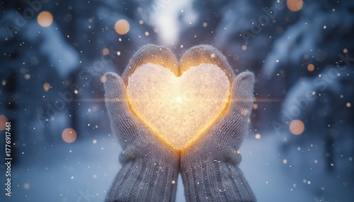 Gloved hands hold a glowing heart of snow under falling snowflakes in a magical winter forest, symbolizing love and warmth.