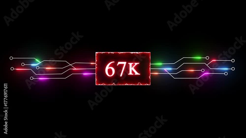 Neon 67K followers and subscriber animation. Promotion social media content, digital marketing, like, share and views.