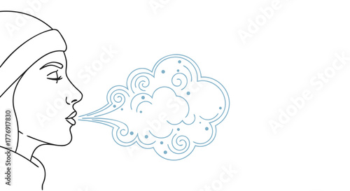 Woman exhaling visible breath in cold weather, showcasing frosty air vapor from mouth. Person dressed warmly with winter hat, experiencing chilly outdoor conditions.