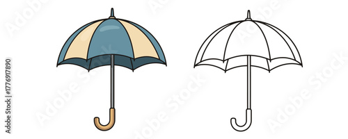 Classic rain umbrellas drawing outline and colored version in blue and beige shades for weather forecast design or coloring book page