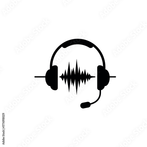 Headphones with Microphone and Sound Wave Icon.