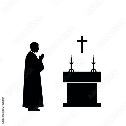 Priest praying at altar with cross and candles.