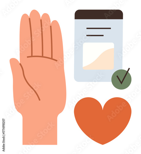 Open palm, heart shape, document with green checkmark signify trust, wellness, validation, consent, care, health and commitment. Ideal for healthcare charity support approval wellness