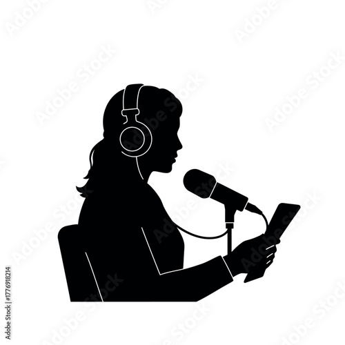 Woman Recording Podcast Silhouette Illustration.