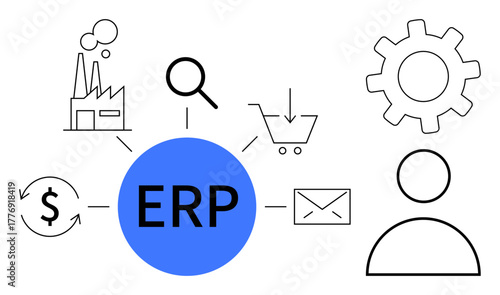 Central ERP hub linked to icons for factory, search, cart, gear, money, email, and user. Ideal for business management, resource planning workflow optimization technology integration automation