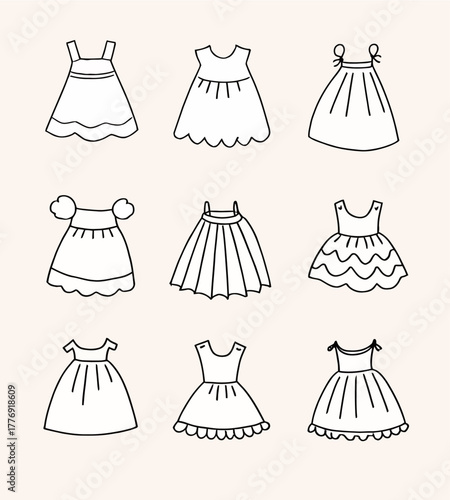 Collection of nine hand-drawn illustrations of children's dresses, each with unique sleeve and hem details