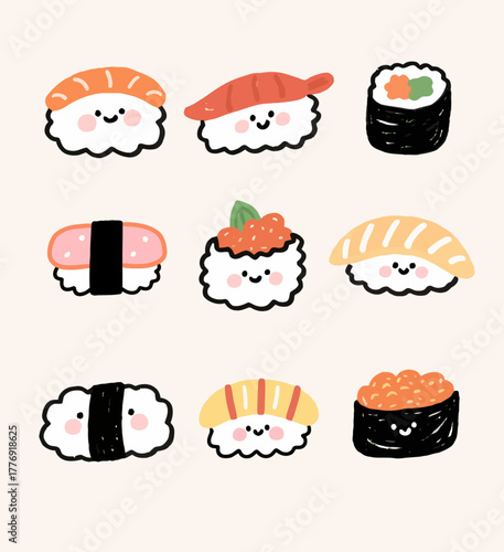 Cute Sushi Cartoon Set Kawaii Food Delights in Vector Style