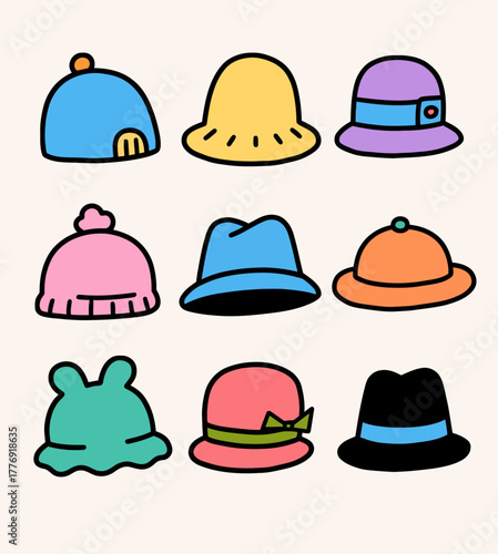 A vibrant collection of playful illustrated hats. Diverse headwear designs in bright colors, ideal for fashion graphics, apparel concepts, and children's creative projects