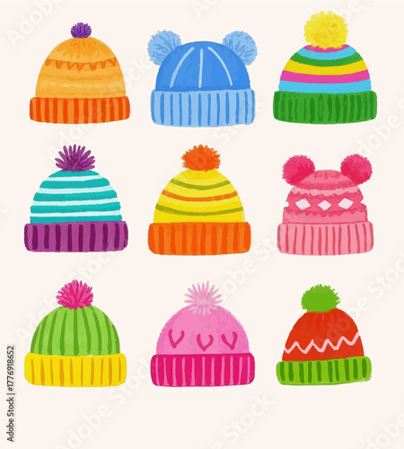 A charming and colorful assortment of warm winter beanies, adorned with playful pom-poms and distinct patterns, crafted in a vibrant illustration style for cozy seasonal designs